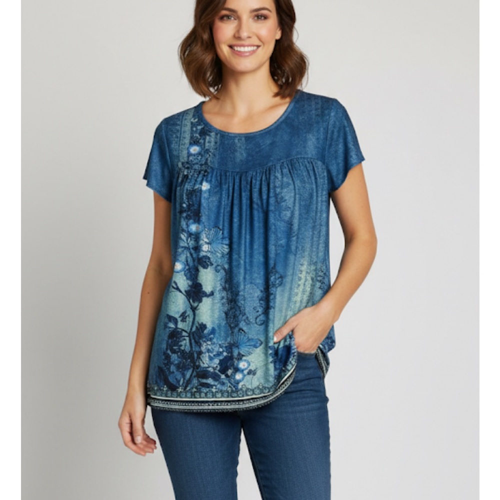 FANTASLOOK Floral Tunic Top, Women’s L, Medium Blue